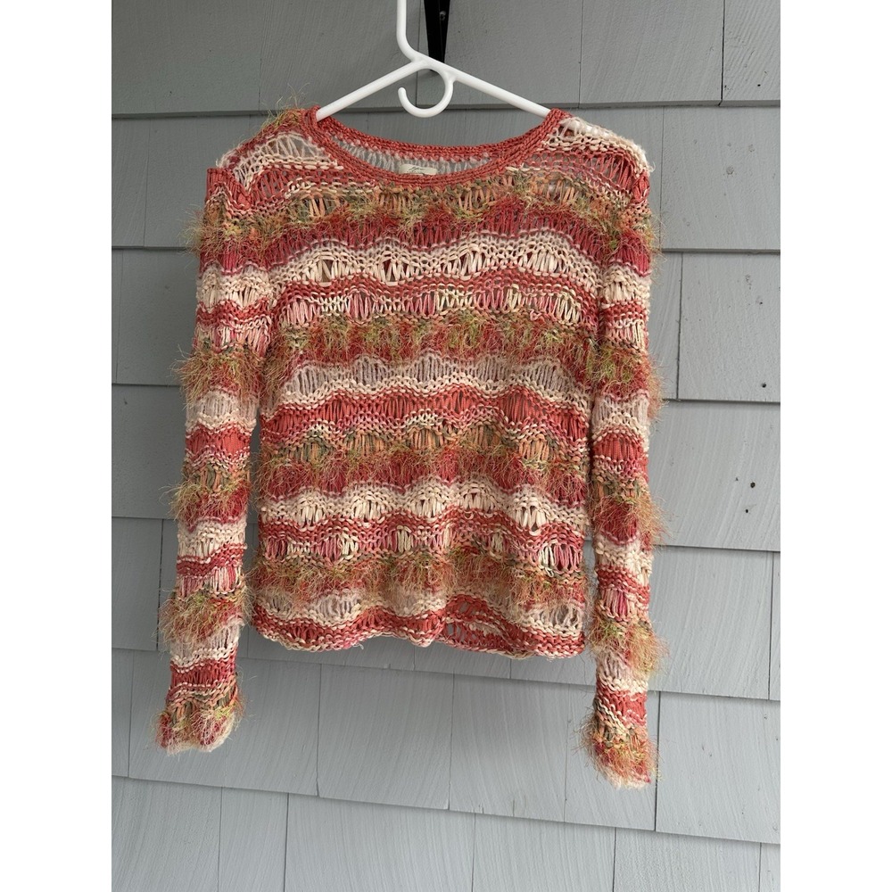 J.Jill Hand Knit Sweater XS Boho Silk Blend Open Weave Artisan Pullover Coral